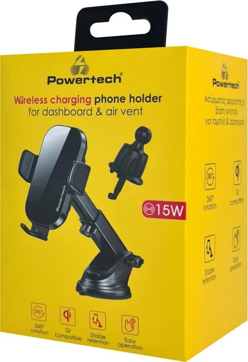 POWERTECH ασύρματος φορτιστής & βάση αυτοκινήτου PT-1271, 15W, μαύρος — εικόνα 3