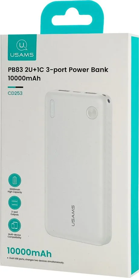 USAMS power bank CD253, 2x θύρες εξόδου, 10000mAh, 10W, λευκό — εικόνα 7