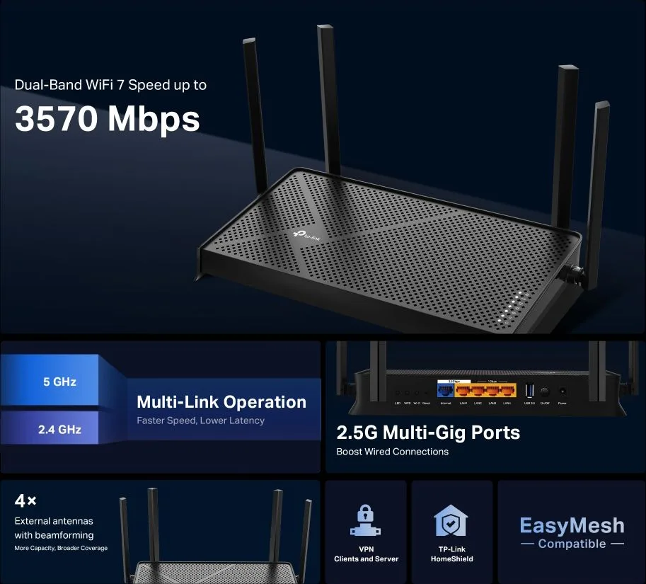 TP-LINK router Archer BE230, WiFi 7, 3600Mbps BE3600, Dual Band, V2.0 — εικόνα 2
