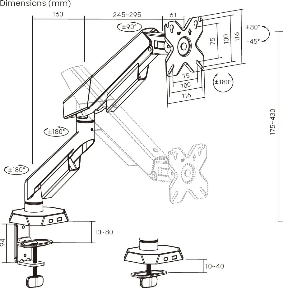 BRATECK βάση γραφείου οθόνης LDT114-C012, 17-40", έως 12kg — εικόνα 4