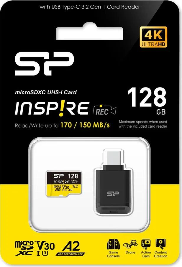 SILICON POWER κάρτα μνήμης microSDXC Inspire με card reader, 128GB, C10 UHS-I U3 V30 A2 — εικόνα 4
