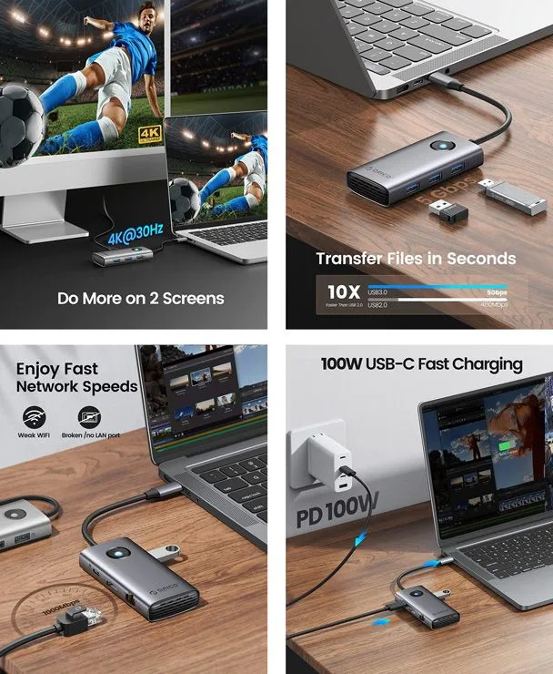 ORICO docking station PW11-6PR, 6 θυρών, USB-C σύνδεση, 100W PD 4K, γκρι — εικόνα 2