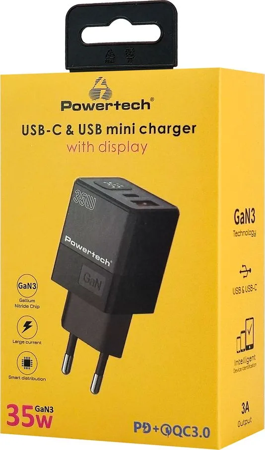 POWERTECH φορτιστής τοίχου PT-1499 με οθόνη, USB/USB-C, 35W, GaN, μαύρος — εικόνα 4