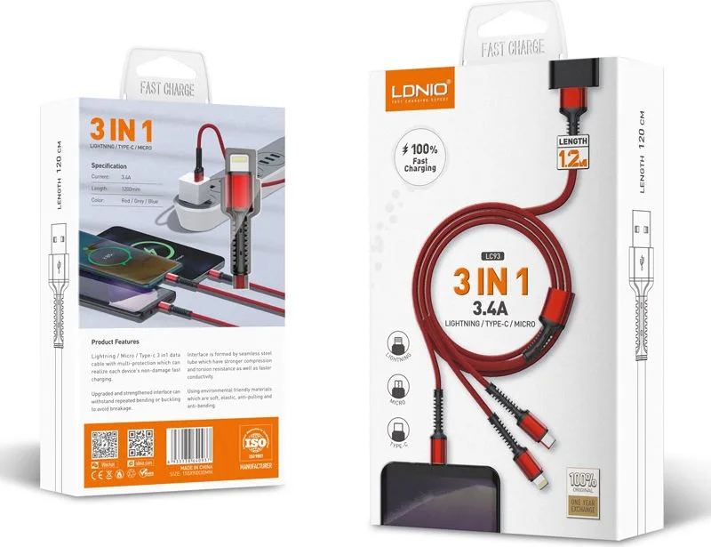 LDNIO καλώδιο USB σε USB-C/Lightning/Micro USB LC93, 3.4A, 1.2m, γκρι — εικόνα 5