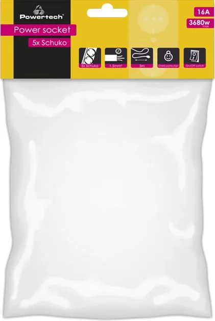 POWERTECH πολύπριζο PT-876, 5x schuko, 16A, 3m, λευκό — εικόνα 2