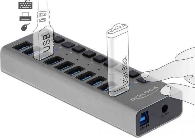 DELOCK USB hub 63670 με διακόπτες, 10x θυρών, 5Gbps, γκρι — εικόνα 2