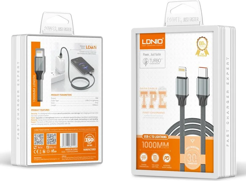 LDNIO καλώδιο Lightning σε USB-C LC441I, 30W PD, 1m, γκρι — εικόνα 5