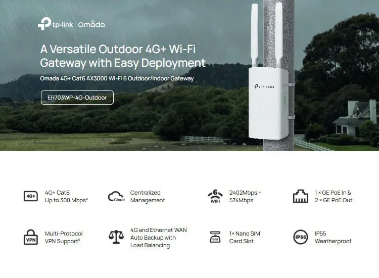 TP-LINK access point ER703WP-4G-Outdoor, WiFi 6, 3000Mbps AX3000, 4G+ Cat6, V1.0 — εικόνα 2