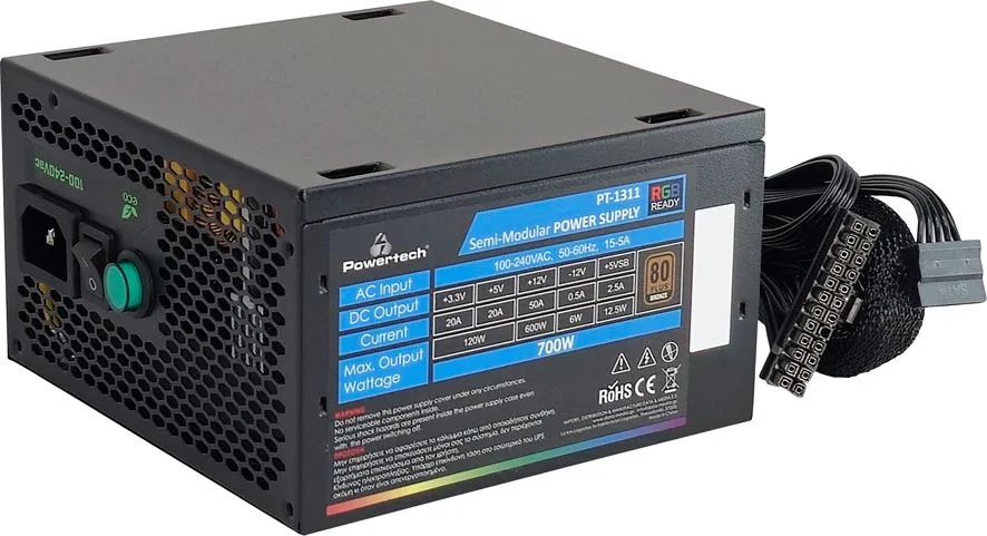 POWERTECH τροφοδοτικό PC PT-1311, 80PLUS Bronze, 700W, ATX, 120mm RGB Fan, Semi Modular — εικόνα 3