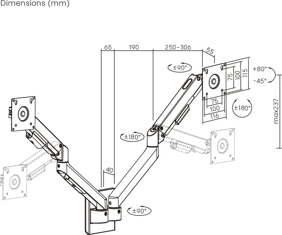 BRATECK επιτοίχια βάση για 2x οθόνες LDA113-114, 17-32", έως 9kg — εικόνα 5