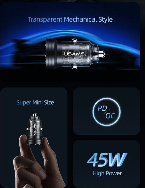 USAMS φορτιστής αυτοκινήτου US-CC175, USB & USB-C, 45W, QC & PD, μαύρος — εικόνα 3