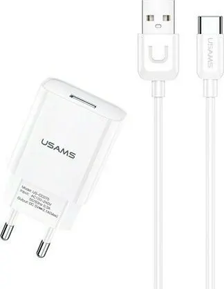 USAMS φορτιστής τοίχου T21OCTC01 με καλώδιο USB-C, USB 2.1A, λευκός