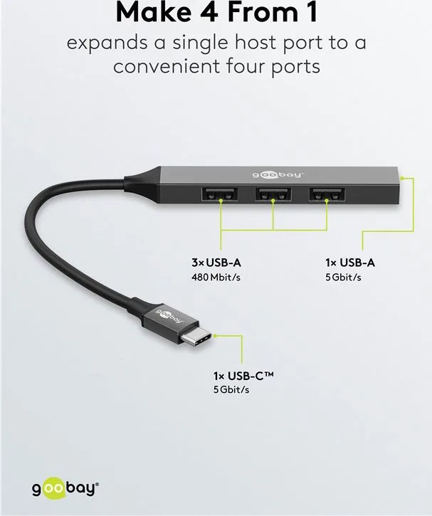 GOOBAY USB hub 74457, 4x θυρών, USB 3.2, 5Gbps, USB-C σύνδεση, γκρι — εικόνα 3
