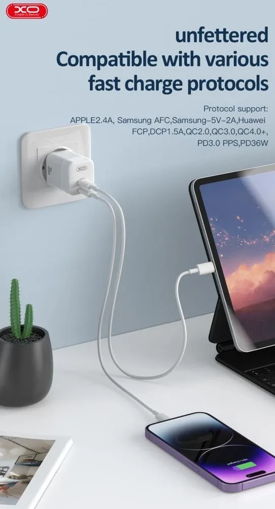 XO CE07 φορτιστής 35W GaN, 2 ΘΥΡΕΣ PD, λευκό — εικόνα 3