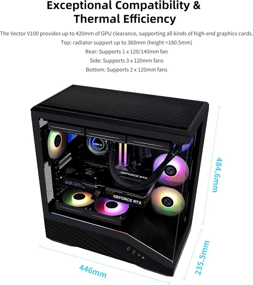 LIAN LI Vector V100 Black - 4 x 120mm ARGB - LED RGB Strip - Tempered Glass - ATX Case — εικόνα 3
