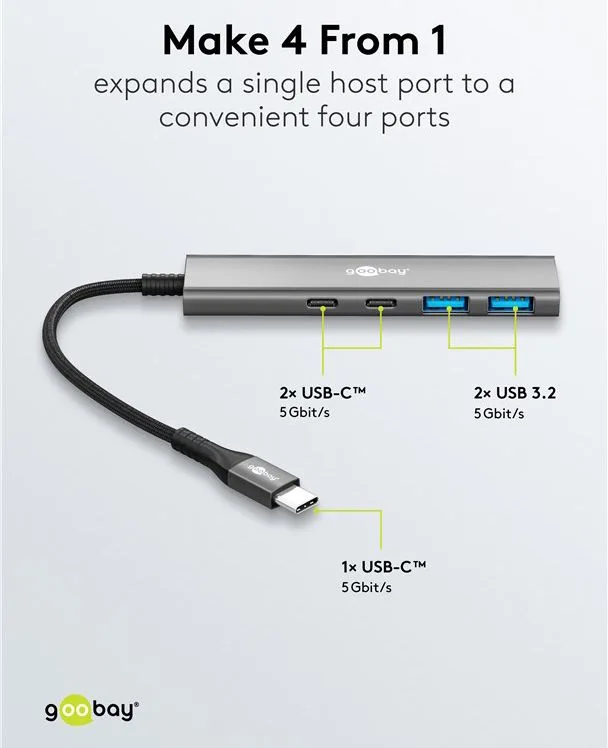 GOOBAY USB hub 76563, 4x θυρών, USB 3.2, 5Gbps, USB-C σύνδεση, γκρι — εικόνα 4