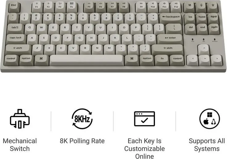 Keychron C1 Pro (C1PX-M1) QMK/VIA Mechanical Red Switch - 8K Polling Rate Hot Swap.80% US Retro RGB — εικόνα 2