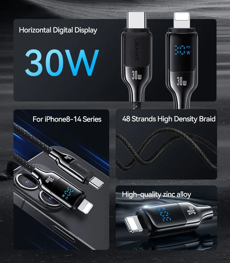 USAMS καλώδιο Lightning σε USB-C SJ741, 30W, 480Mbps, 1.2m, μαύρο — εικόνα 2