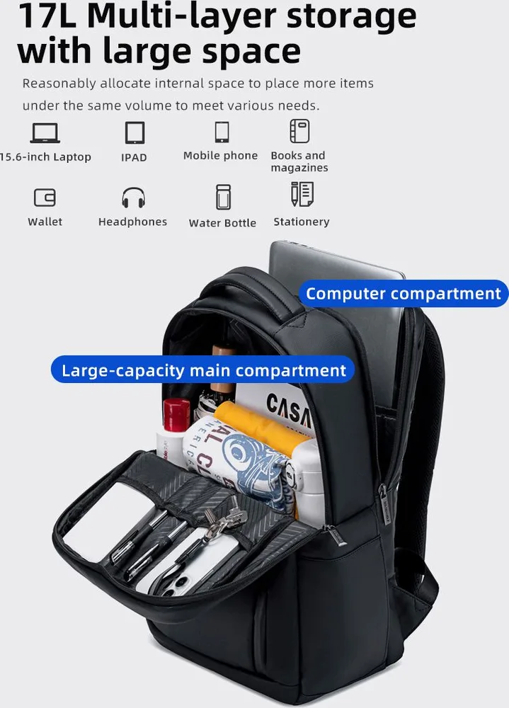 GOLDEN WOLF τσάντα πλάτης GB00731 με θήκη laptop 15.6", 17L, μαύρη — εικόνα 3