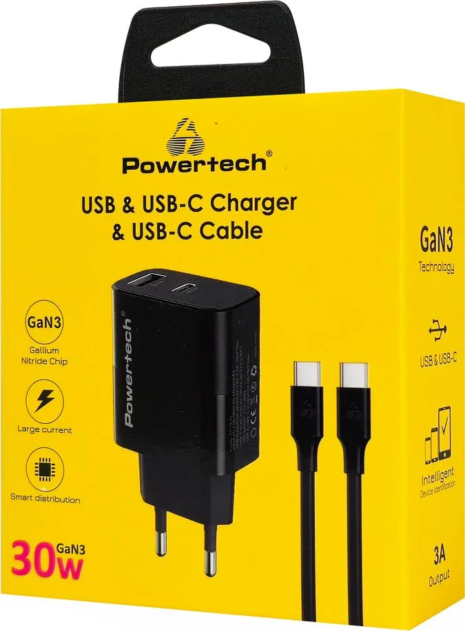 POWERTECH φορτιστής τοίχου PT-1638 με καλώδιο, USB/USB-C, 30W, GaN, μαύρος — εικόνα 3