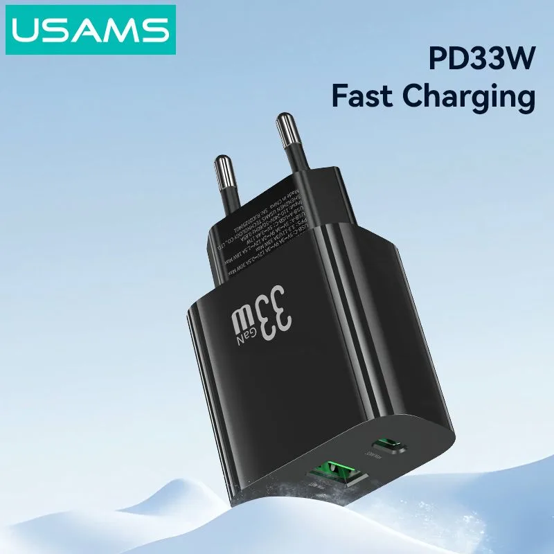 USAMS φορτιστής τοίχου CC317, USB & USB-C, 33W, GaN, μαύρος — εικόνα 4