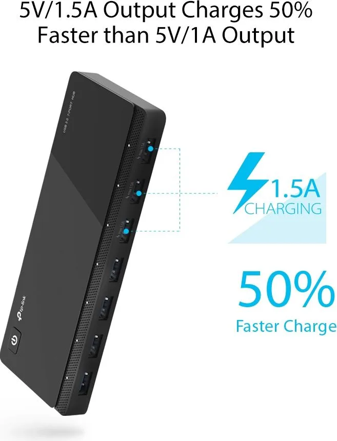 TP-LINK USB hub UH700, 7x θυρών, 5Gbps, 5V/1.5A, USB σύνδεση, μαύρο — εικόνα 2