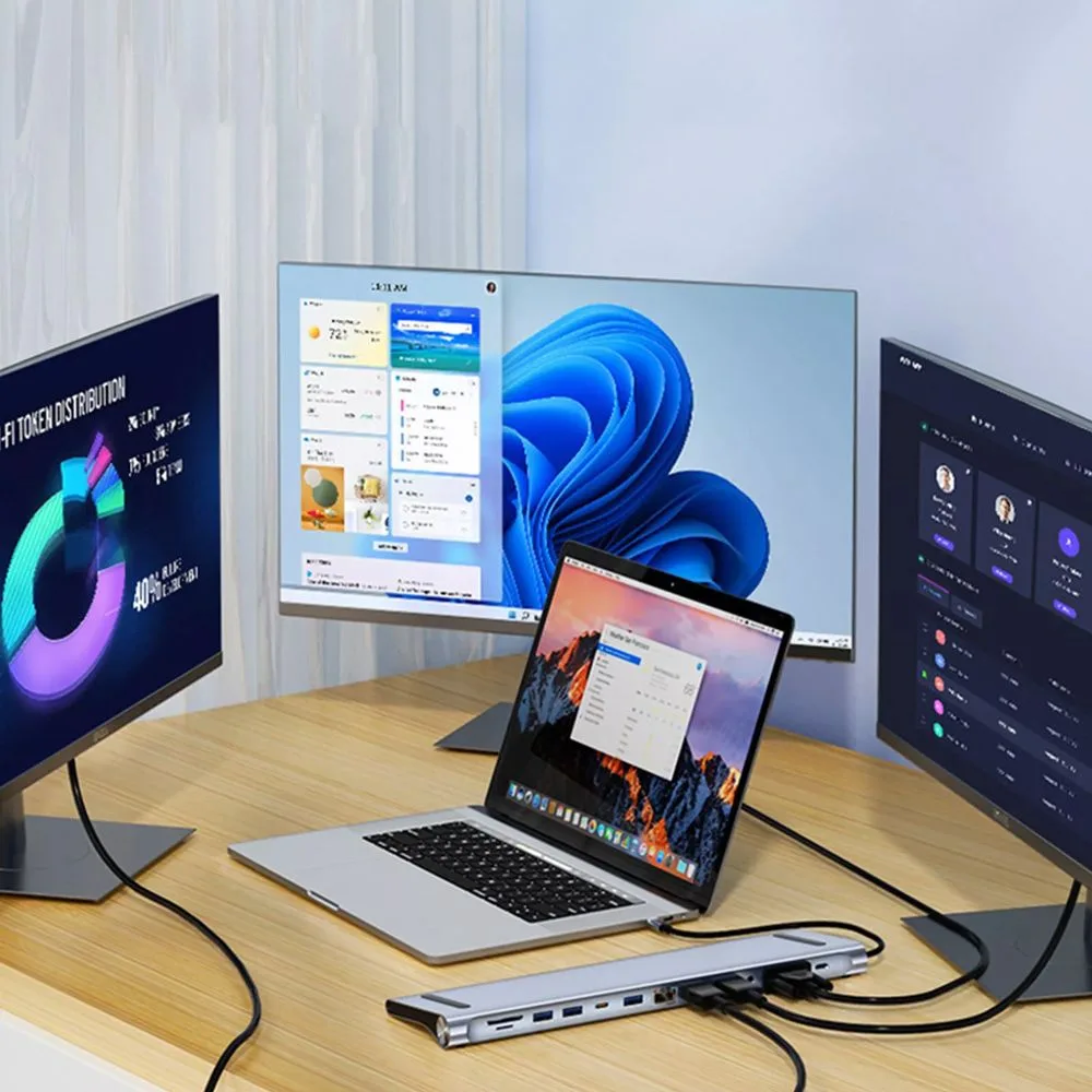 POWERTECH docking station BYL-2003U2, 12 θυρών, βάση laptop, USB-C, γκρι — εικόνα 4