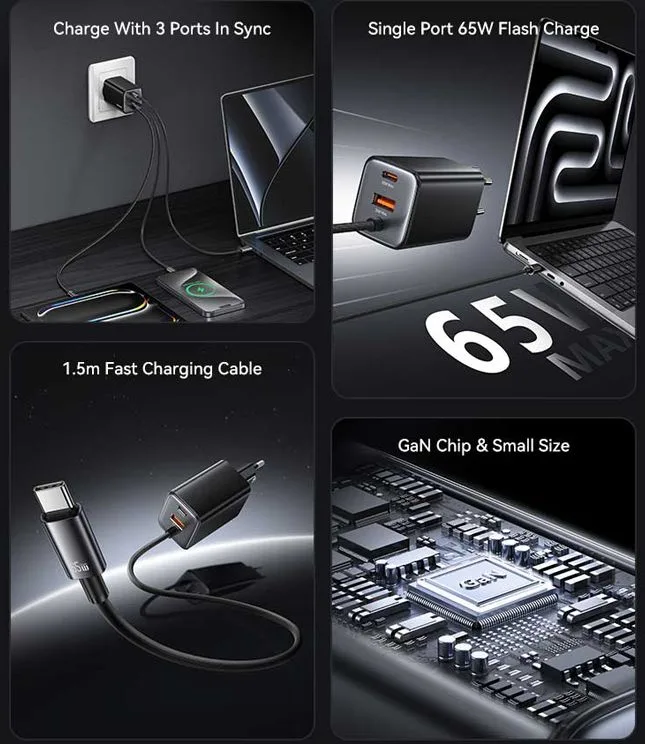 USAMS φορτιστής τοίχου CC266 με καλώδιο, USB & USB-C, 65W, GaN, μαύρος — εικόνα 3