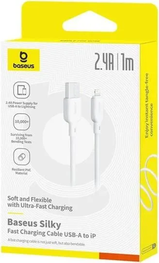 BASEUS Silky Series, καλώδιο ΓΡΗΓΟΡΗΣ φόρτισης, Lightning, 2,4A, 2m, λευκό — εικόνα 4