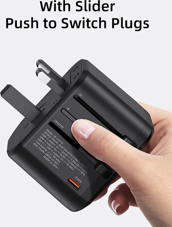 USAMS φορτιστής/αντάπτορας πρίζας US-CC179, USB-C & 2x USB, universal, 20W, μαύρος — εικόνα 6