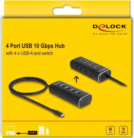 DELOCK USB hub 64233 με διακόπτες, 4 θυρών, 10Gbps, USB-C σύνδεση, μαύρο — εικόνα 6