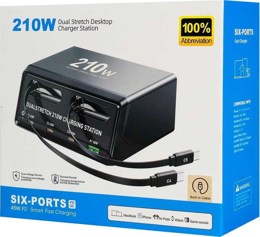 POWERTECH σταθμός φόρτισης PT-1623, USB/3x USB-C/2x USB-C καλώδια, GaN, 160W, μαύρος — εικόνα 7