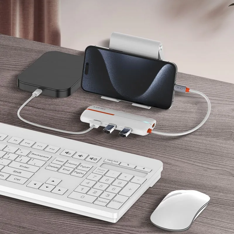 LDNIO USB hub DS-26U με θύρα δικτύου, 6 θυρών, USB-C σύνδεση, 100W PD, λευκό — εικόνα 2