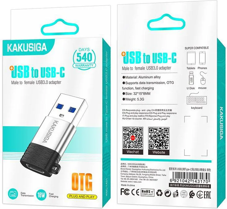 KAKUSIGA αντάπτορας USB-C σε USB KSC-1421, 5Gbps, 18W, γκρι — εικόνα 4
