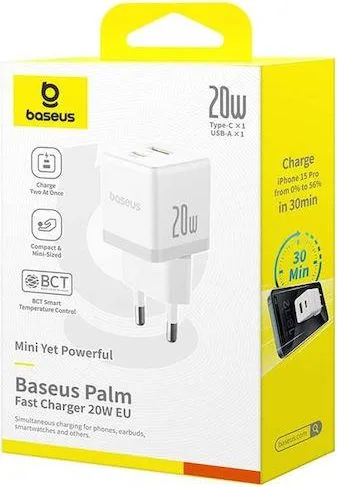 BASEUS Palm, φορτιστής ΓΡΗΓΟΡΗΣ φόρτισης, 2 ΘΥΡΕΣ, 20W, ΛΕΥΚΟΣ — εικόνα 3