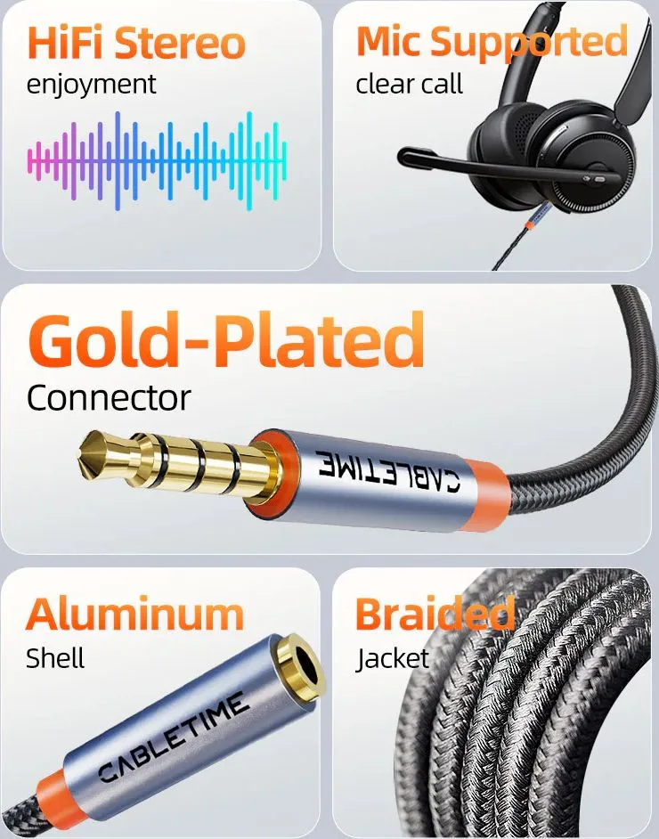 CABLETIME καλώδιο προέκτασης ήχου 3.5mm CT-AE35M, gold plated, 3m, μαύρο — εικόνα 2