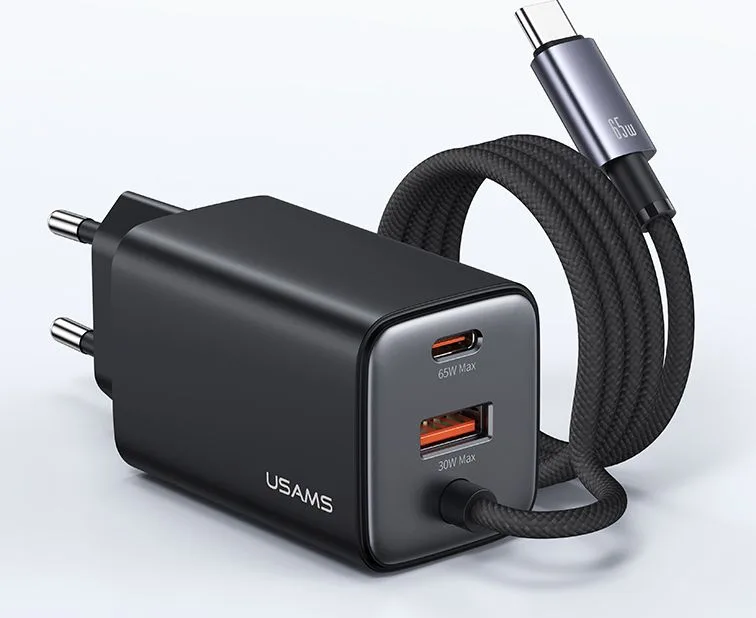 USAMS φορτιστής τοίχου CC266 με καλώδιο, USB & USB-C, 65W, GaN, μαύρος — εικόνα 4