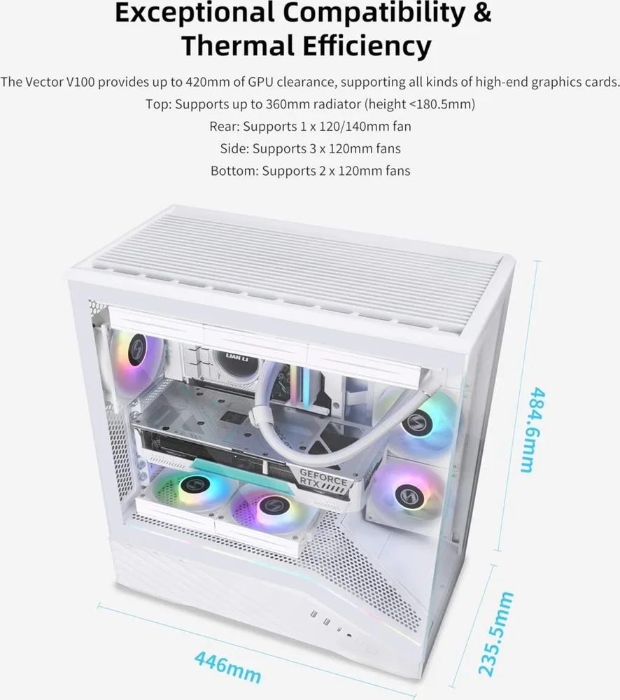 LIAN LI Vector V100 White - 4 x 120mm ARGB - LED RGB Strip - Tempered Glass - ATX Case — εικόνα 3