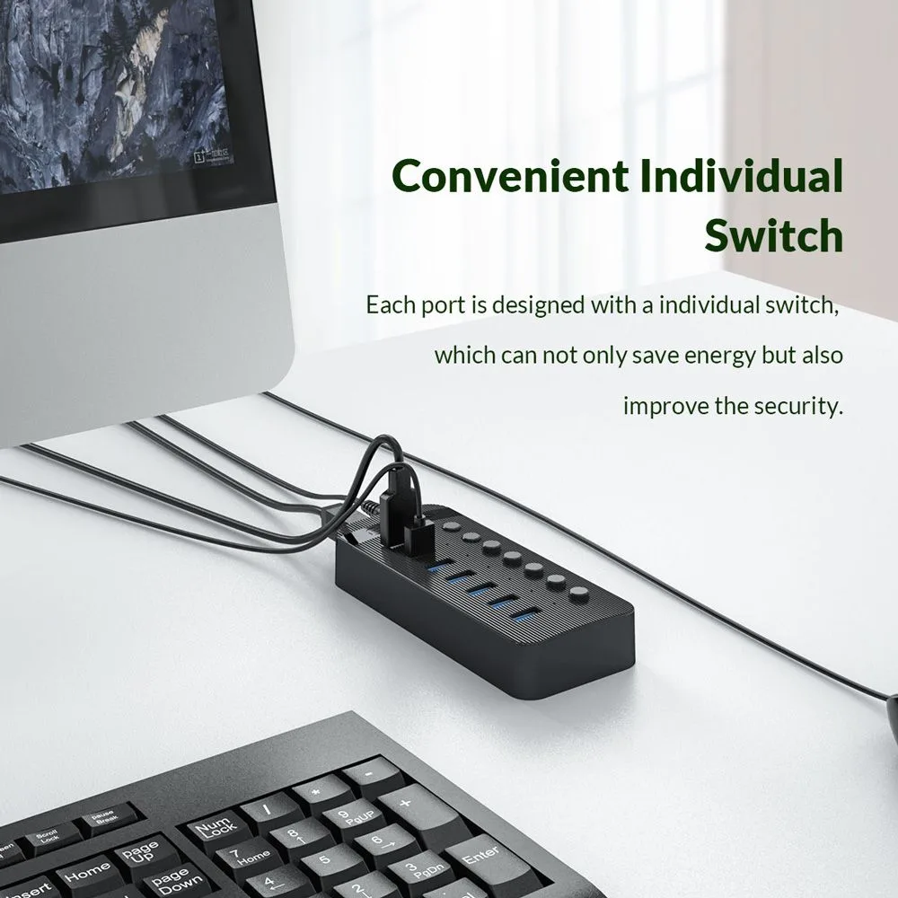 ORICO USB hub CT2U3-7AB με διακόπτες, 7x θυρών, USB 3.0, 5Gbps, USB σύνδεση, μαύρο — εικόνα 2