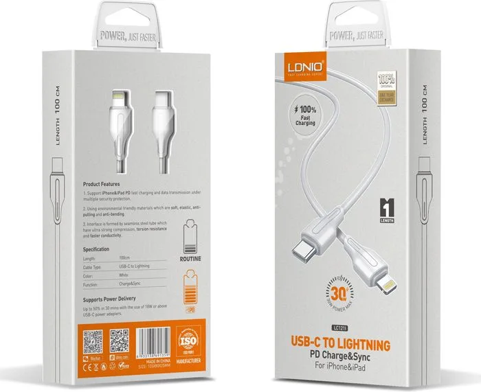 LDNIO καλώδιο Lightning σε USB-C LC121I, 30W PD, 1m, λευκό — εικόνα 5