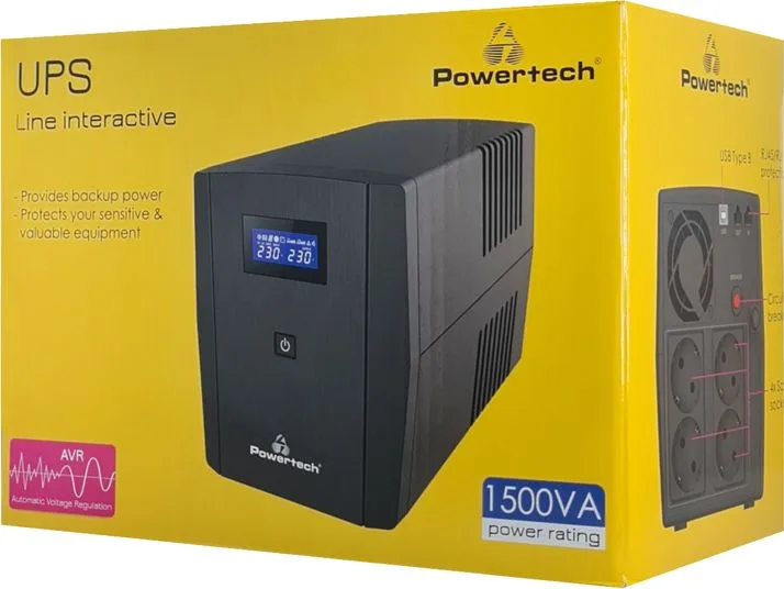 POWERTECH UPS Line Interactive PT-1297 με οθόνη, 1500VA, 900W, 4x Schuko, 2x RJ45/RJ11, USB Type B — εικόνα 3