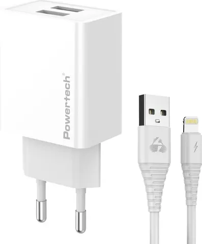 POWERTECH φορτιστής τοίχου PT-1325 με καλώδιο Lightning, 2x USB, 12W, λευκός