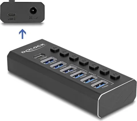 DELOCK USB hub 64326 με διακόπτες, 7x θυρών, 10Gbps, USB/USB-C σύνδεση, μαύρο