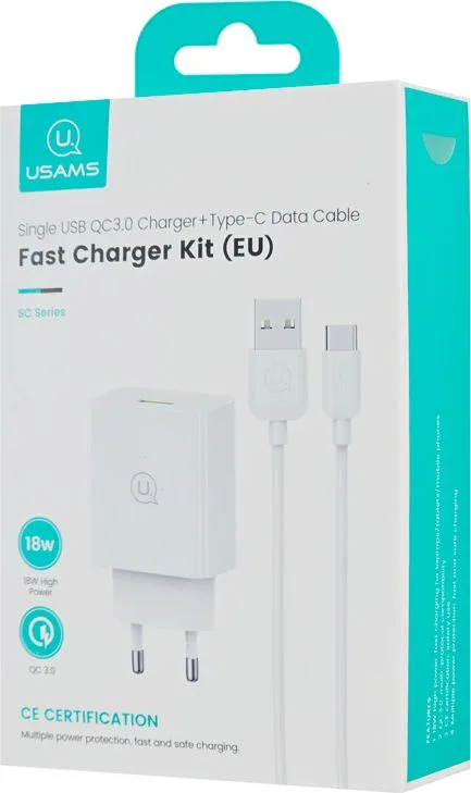 USAMS φορτιστής τοίχου SCXLTZ02 με καλώδιο USB-C, USB, 18W, λευκός — εικόνα 4