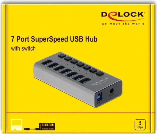 DELOCK USB hub 63669 με διακόπτες, 7x θυρών, 5Gbps, γκρι — εικόνα 4