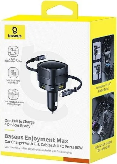 BASEUS Enjoyment MAX, φορτιστής ΑΥΤΟΚΙΝΗΤΟΥ, καλώδια Lightning και Type-C, 90W, μαύρο — εικόνα 3