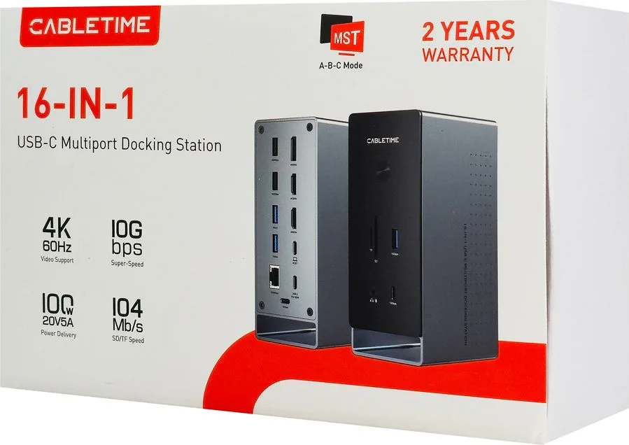 CABLETIME docking station CT-DK181-AG, 16 θυρών, USB-C σύνδεση, 100W PD, 1000Mbps, MST, γκρι — εικόνα 9