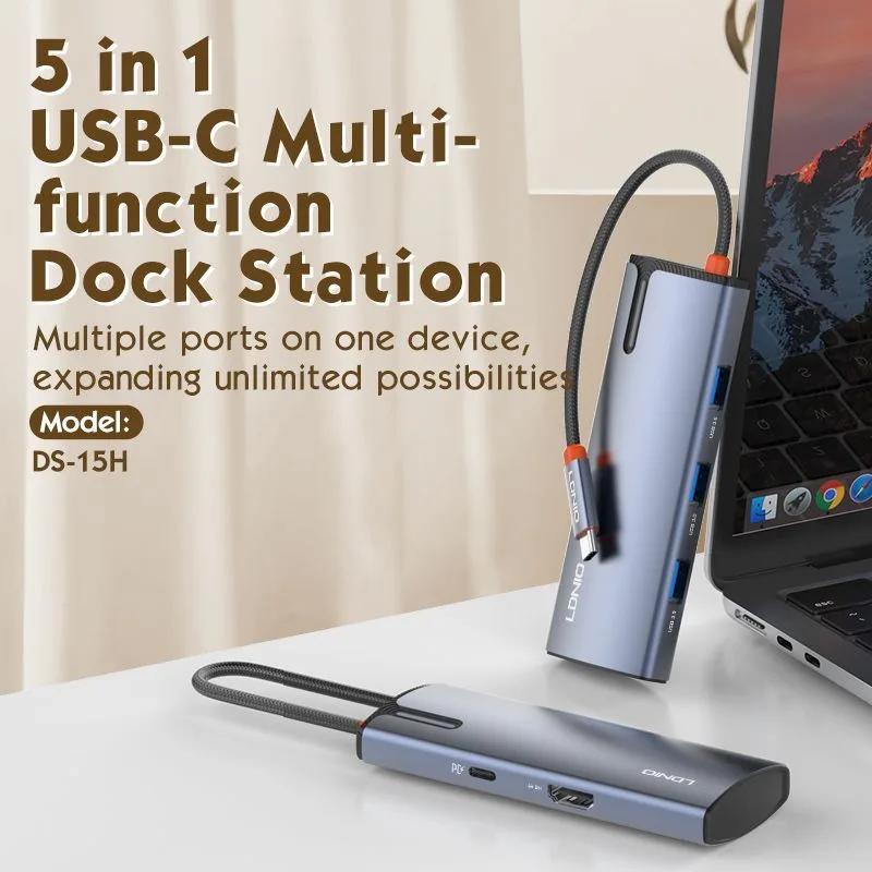 LDNIO docking station DS-15H, 5 θυρών, USB-C σύνδεση, 4K, 100W PD, γκρι — εικόνα 2