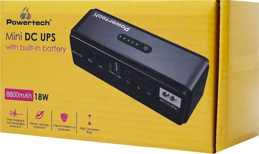 POWERTECH Mini DC UPS PT-1436, 18W, 8800mAh, 3x DC, Usb/usb-C/lan/poe, μαύρο — εικόνα 4