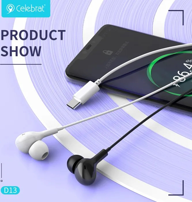 CELEBRAT earphones με μικρόφωνο D13, USB-C σύνδεση, Φ10mm, 1.2m, λευκά — εικόνα 2